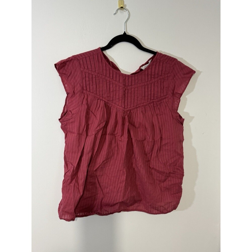 Market & Spruce Red Striped Pleated Short Sleeve Blouse Women's L